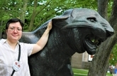 Julie N. Books at her 25th Princeton Reunion next to Tiger Statue